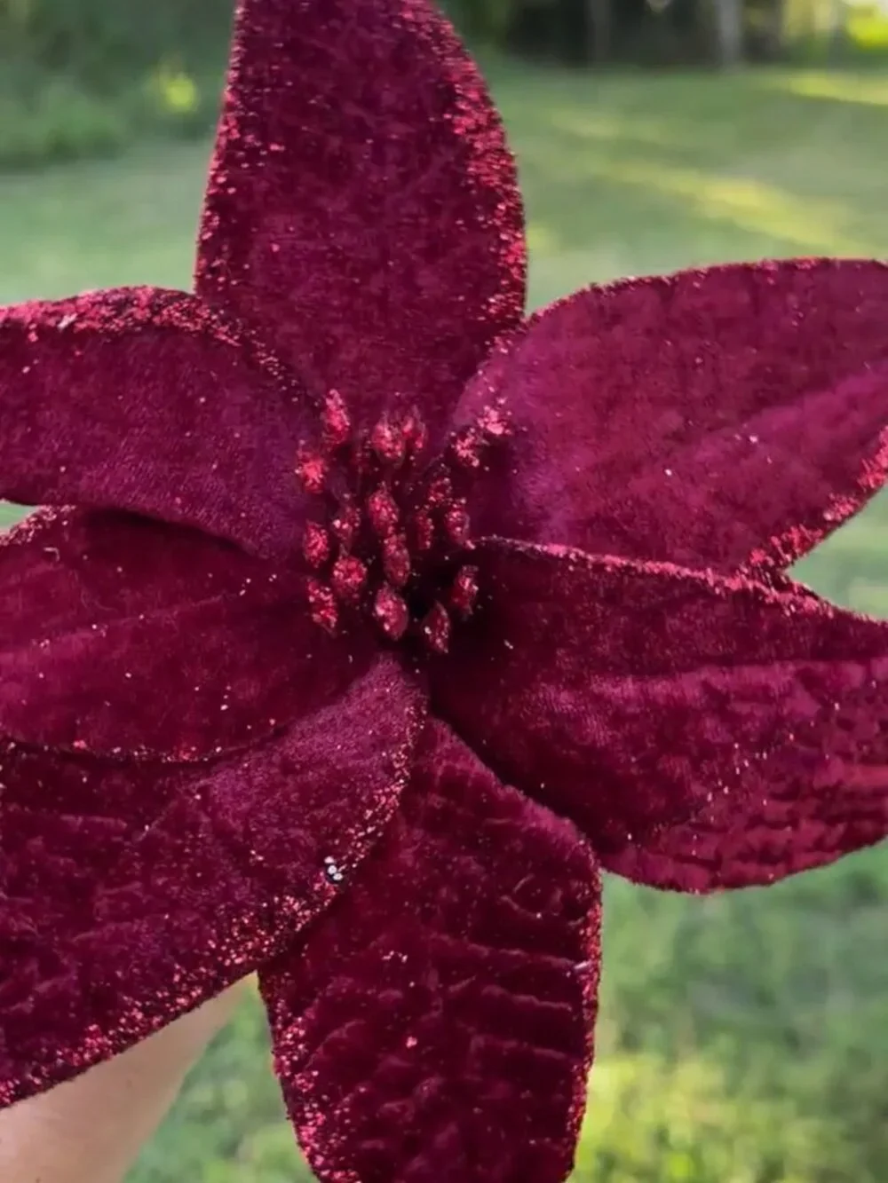 Burgundy Velvet Poinsettia Clip Pick Christmas Tree Trimming Wreath Decor